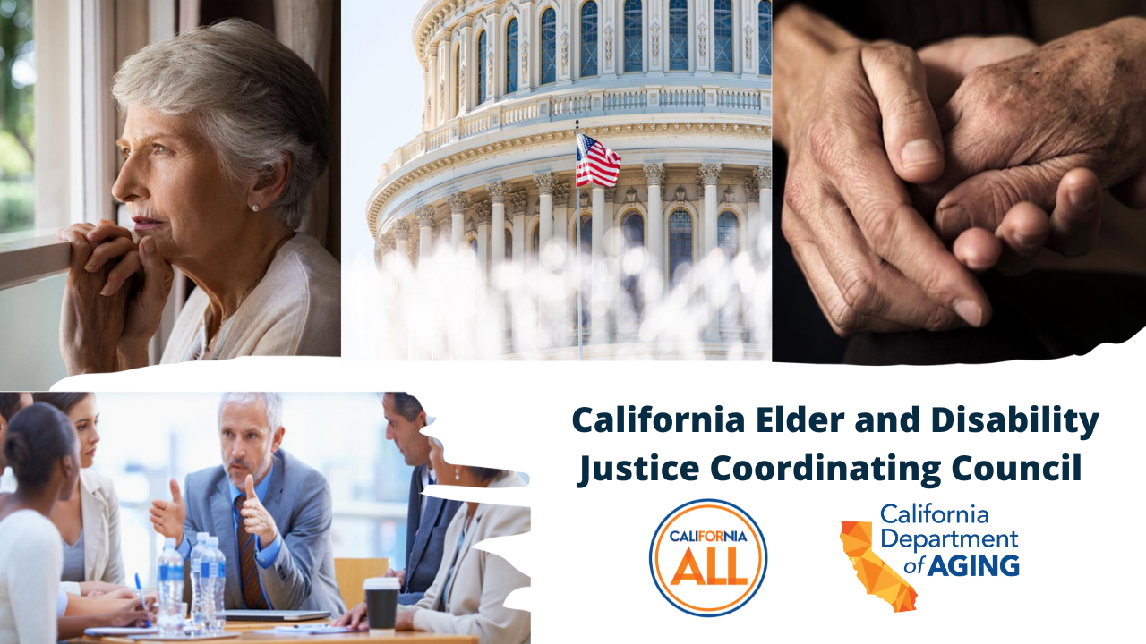 A collage of images including the California State Capitol, an older adult looking out a window, and a group of three team members collaborating